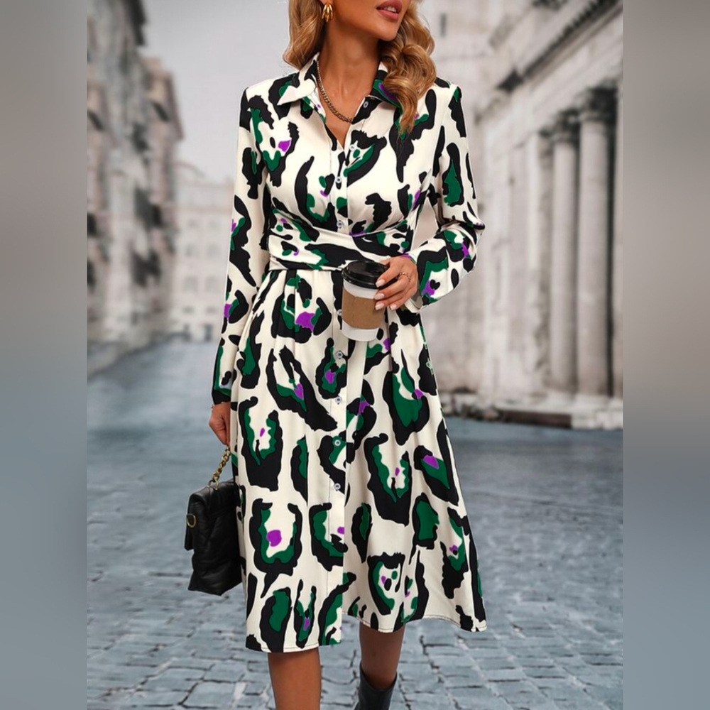 Crossover Belt tie Patterned Long Sleeve Shirt Dress